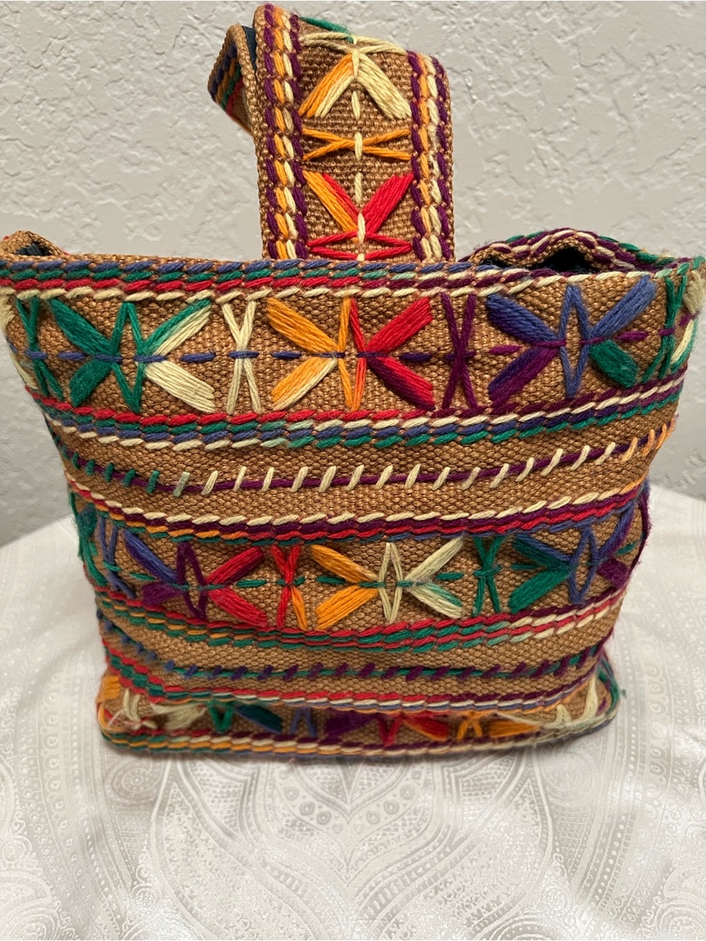 VTG 70s Boho Rainbow Geometric Needlepoint Burlap Tote Bag